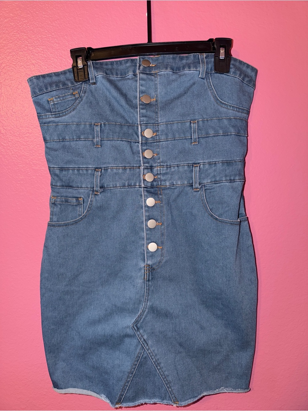 Strapless Blue Denim Mini Dress with Front Buttons